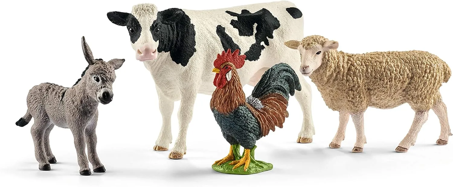 Schleich Farm World - Starter Set, Includes 4 x Collectible Toy Farm Animals, Cow, Sheep, Donkey Foal and Rooster Farm Animal Toys for Kids Ages 3 