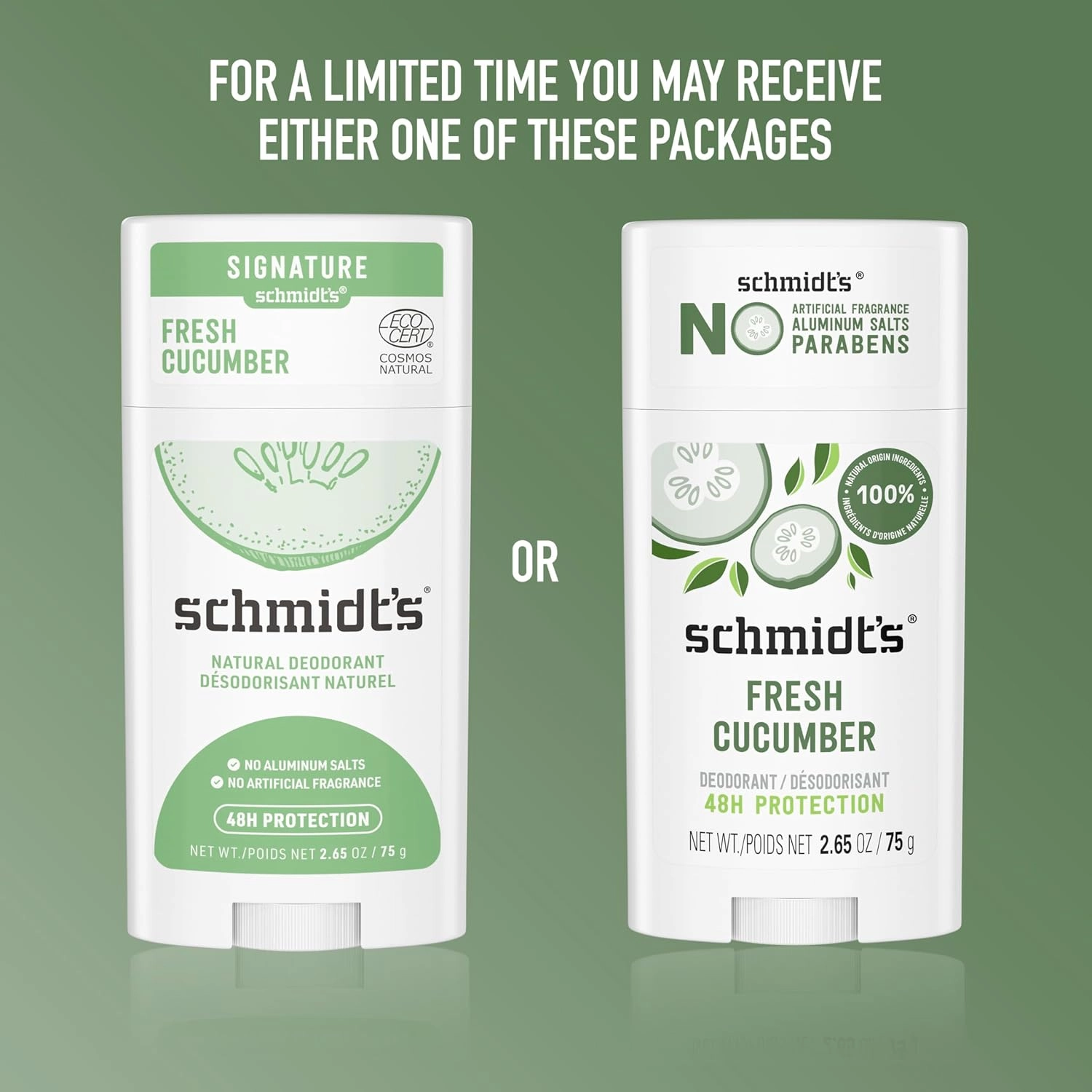 Schmidt's Aluminum-Free Vegan Deodorant Fresh Cucumber 4 Count for Women and Men, with 24 Hour Odor Protection, Natural Ingredients, Cruelty-Free, 2.65 oz