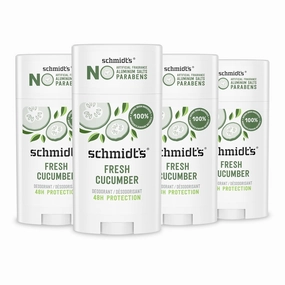 Schmidt's Aluminum-Free Vegan Deodorant Fresh Cucumber 4 Count for Women and Men, with 24 Hour Odor Protection, Natural Ingredients, Cruelty-Free, 2.65 oz