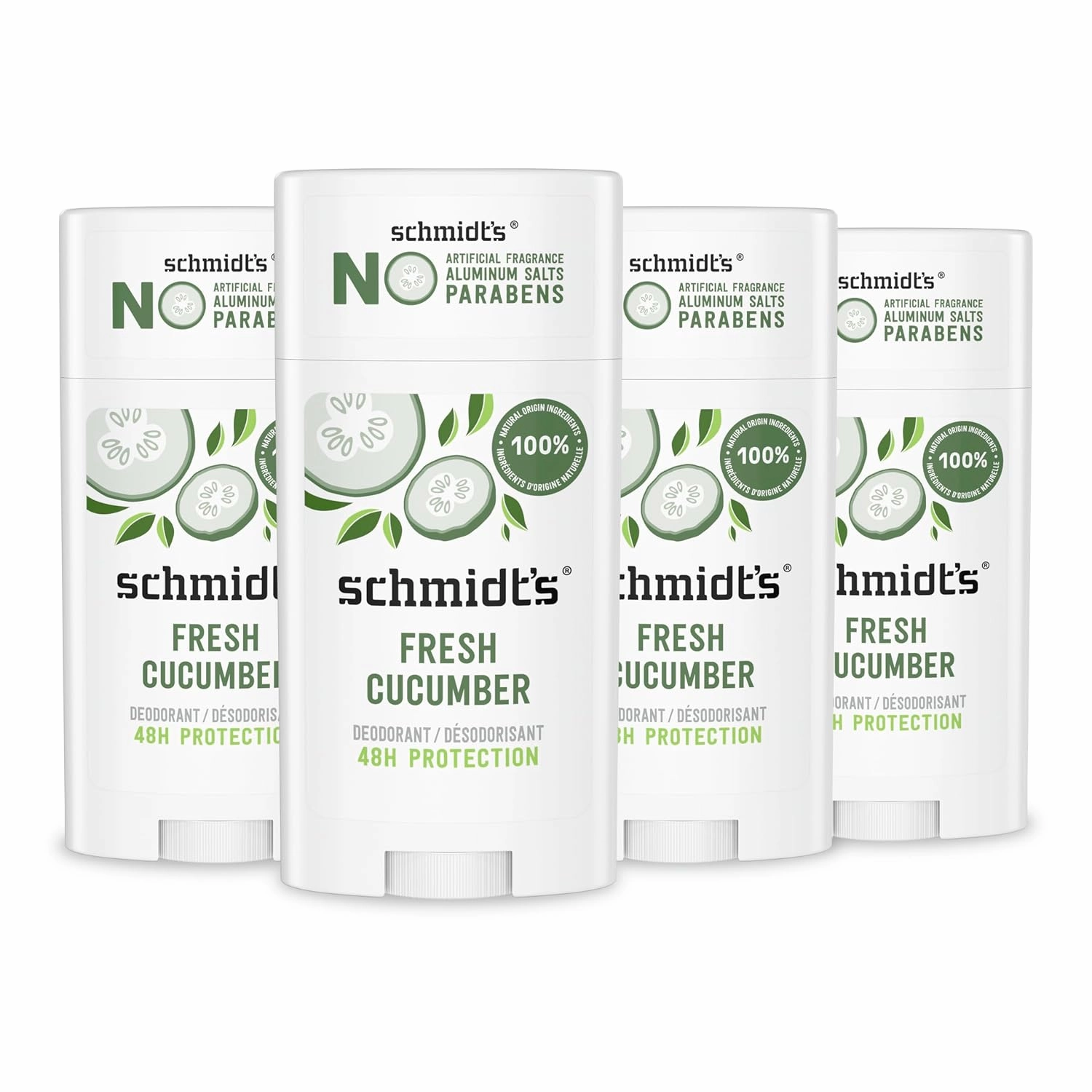Schmidt's Aluminum-Free Vegan Deodorant Fresh Cucumber 4 Count for Women and Men, with 24 Hour Odor Protection, Natural Ingredients, Cruelty-Free, 2.65 oz