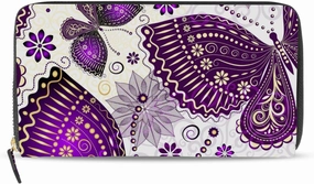 Seamless Purple Gold Butterflies and Floral Flowers on White Leather Long Wallet Organizer with Zipper Purse Clutch Bag for Women Men Key Card Coin Passport Checkbook 8 x 4 inch