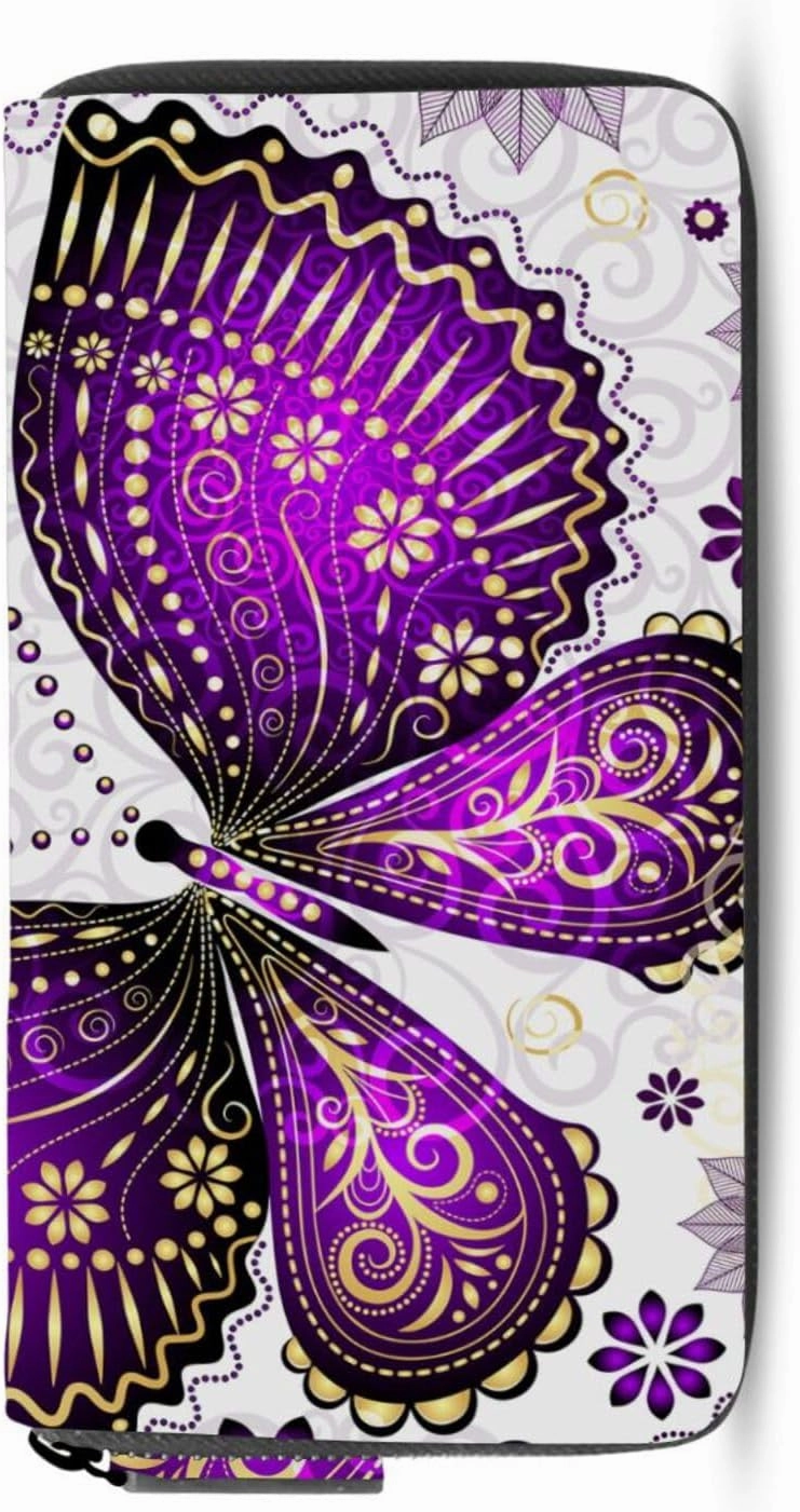 Seamless Purple Gold Butterflies and Floral Flowers on White Leather Long Wallet Organizer with Zipper Purse Clutch Bag for Women Men Key Card Coin Passport Checkbook 8 x 4 inch