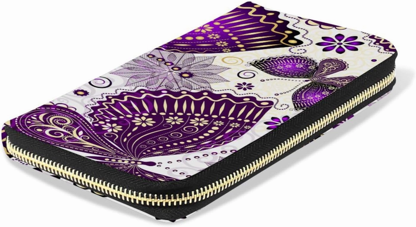 Seamless Purple Gold Butterflies and Floral Flowers on White Leather Long Wallet Organizer with Zipper Purse Clutch Bag for Women Men Key Card Coin Passport Checkbook 8 x 4 inch