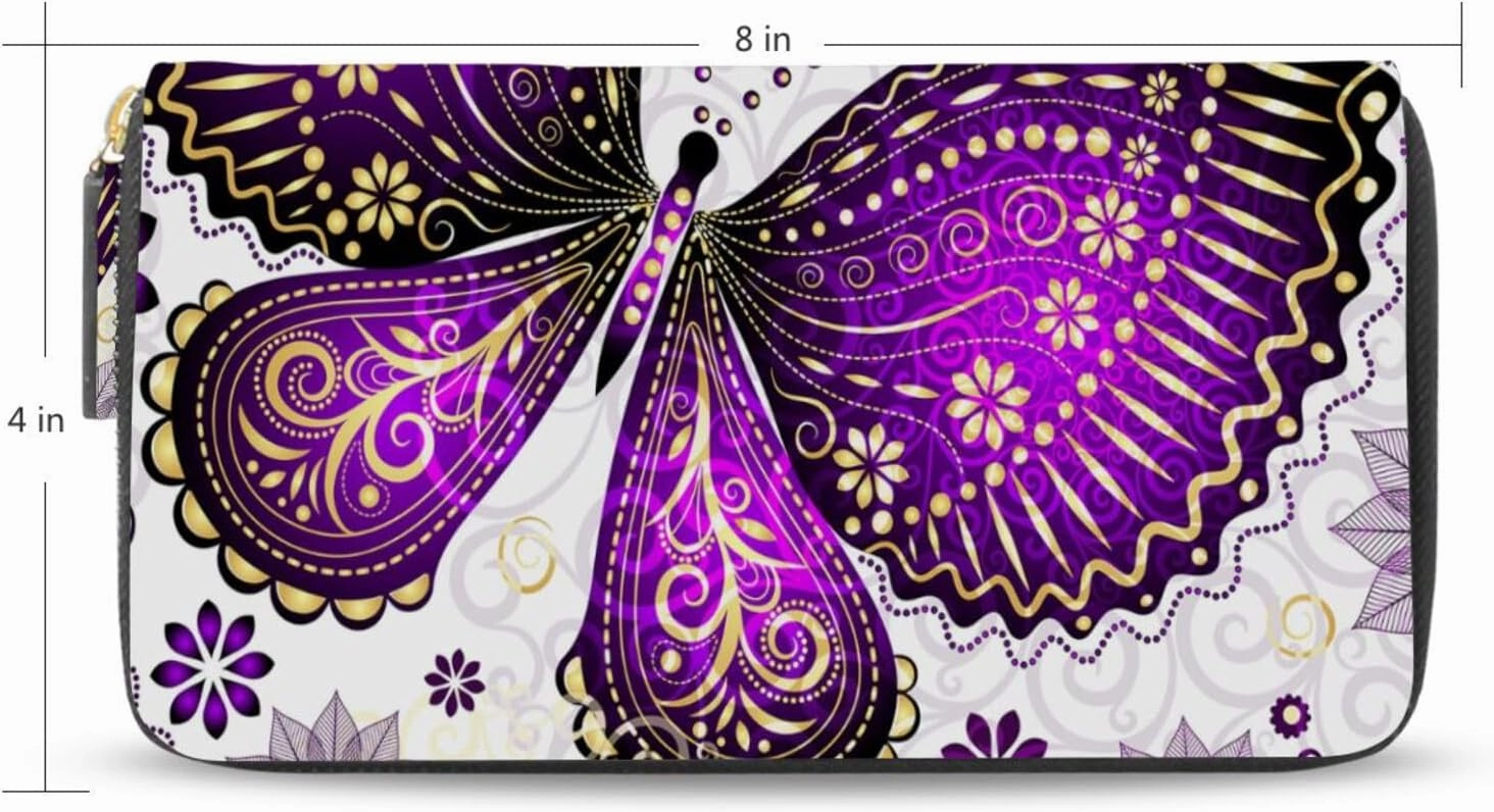 Seamless Purple Gold Butterflies and Floral Flowers on White Leather Long Wallet Organizer with Zipper Purse Clutch Bag for Women Men Key Card Coin Passport Checkbook 8 x 4 inch
