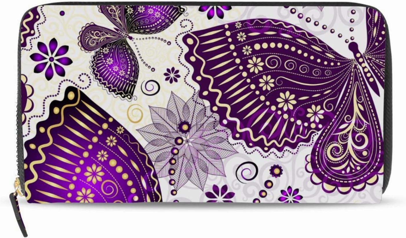 Seamless Purple Gold Butterflies and Floral Flowers on White Leather Long Wallet Organizer with Zipper Purse Clutch Bag for Women Men Key Card Coin Passport Checkbook 8 x 4 inch