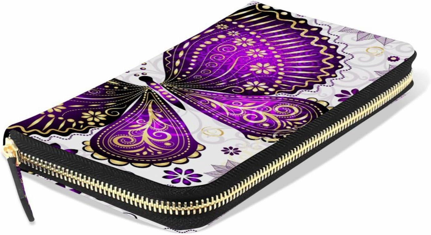 Seamless Purple Gold Butterflies and Floral Flowers on White Leather Long Wallet Organizer with Zipper Purse Clutch Bag for Women Men Key Card Coin Passport Checkbook 8 x 4 inch