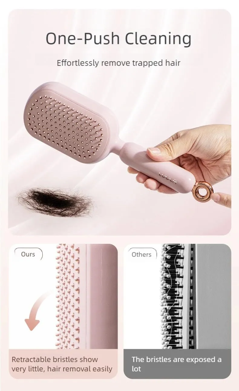 Self Cleaning Hair Brush, Easy Clean Detangling Brush, Airs Cushion Hair Brush Airbag Massage Combs with Retractable Bristles for Women Men Kids (Pink)