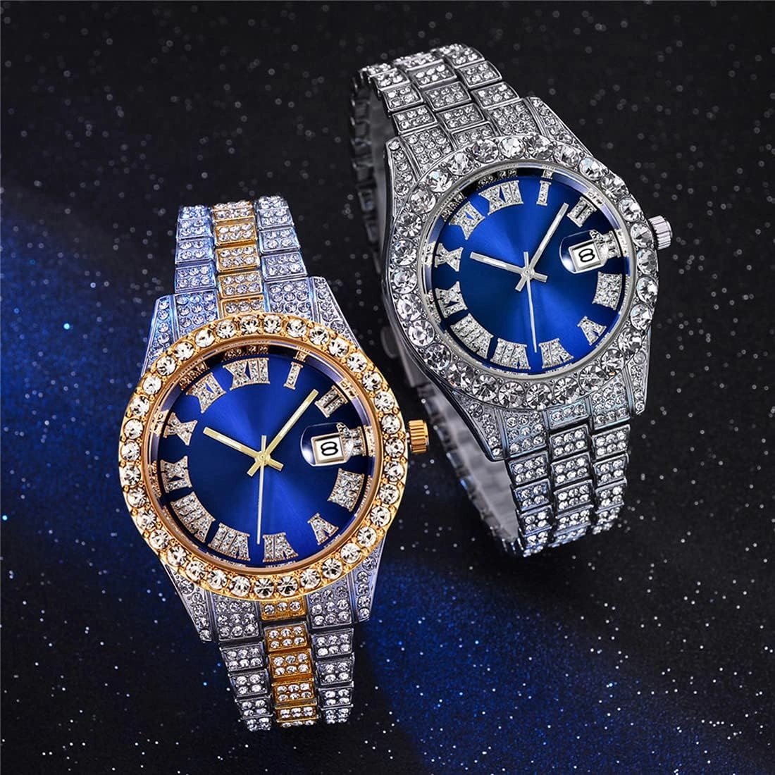 SENRUD Men's Diamond Watch Fashion Crystal Rhinestone Quartz Analog Watch Iced-Out Bracelet Wrist Watch