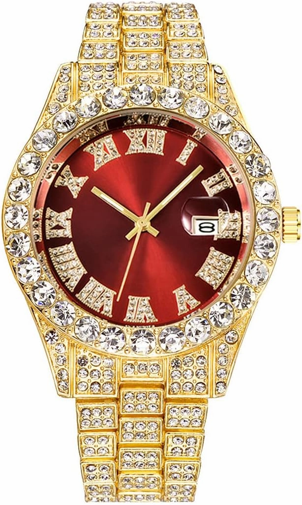 SENRUD Men's Diamond Watch Fashion Crystal Rhinestone Quartz Analog Watch Iced-Out Bracelet Wrist Watch