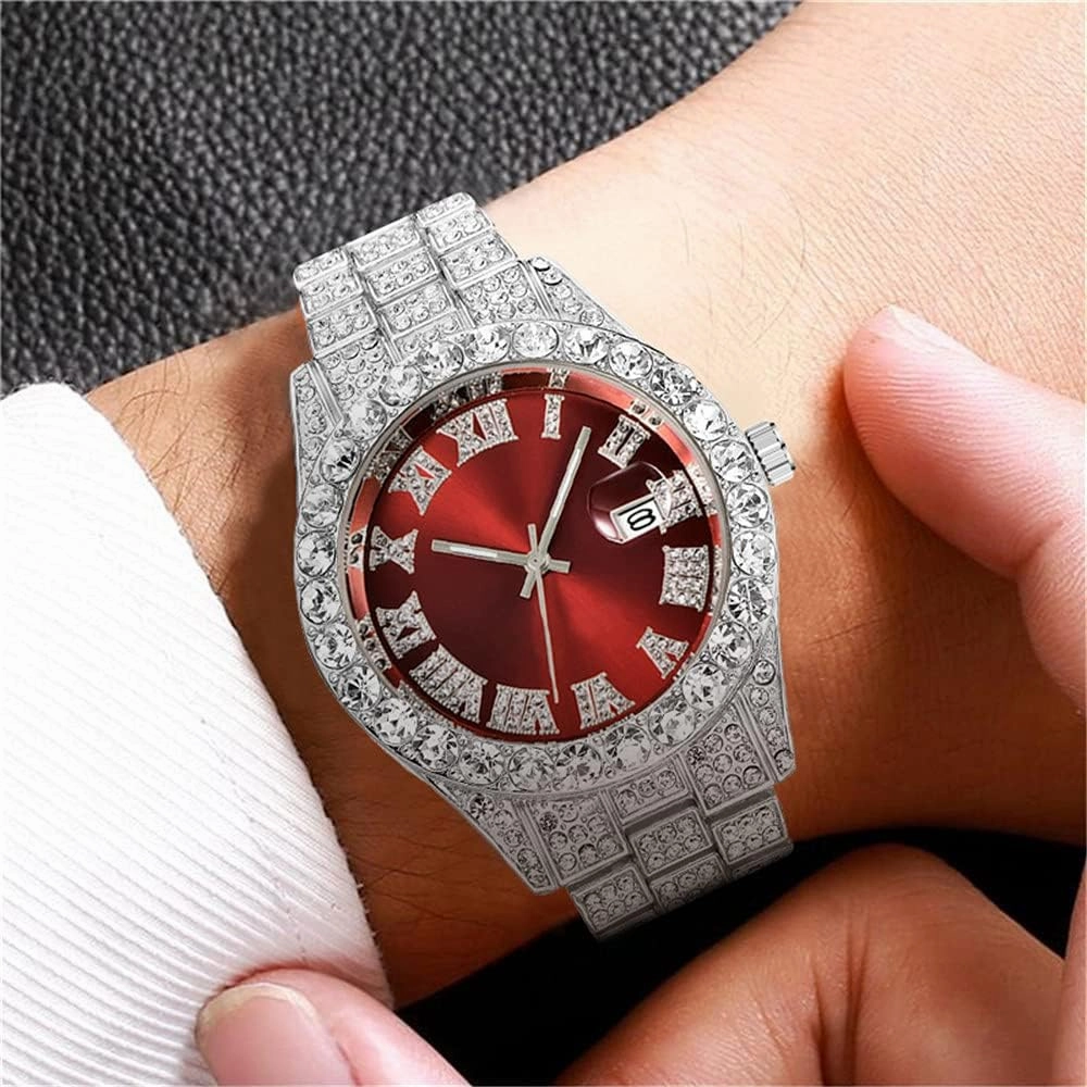SENRUD Men's Diamond Watch Fashion Crystal Rhinestone Quartz Analog Watch Iced-Out Bracelet Wrist Watch
