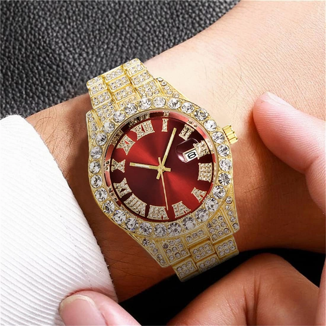 SENRUD Men's Diamond Watch Fashion Crystal Rhinestone Quartz Analog Watch Iced-Out Bracelet Wrist Watch