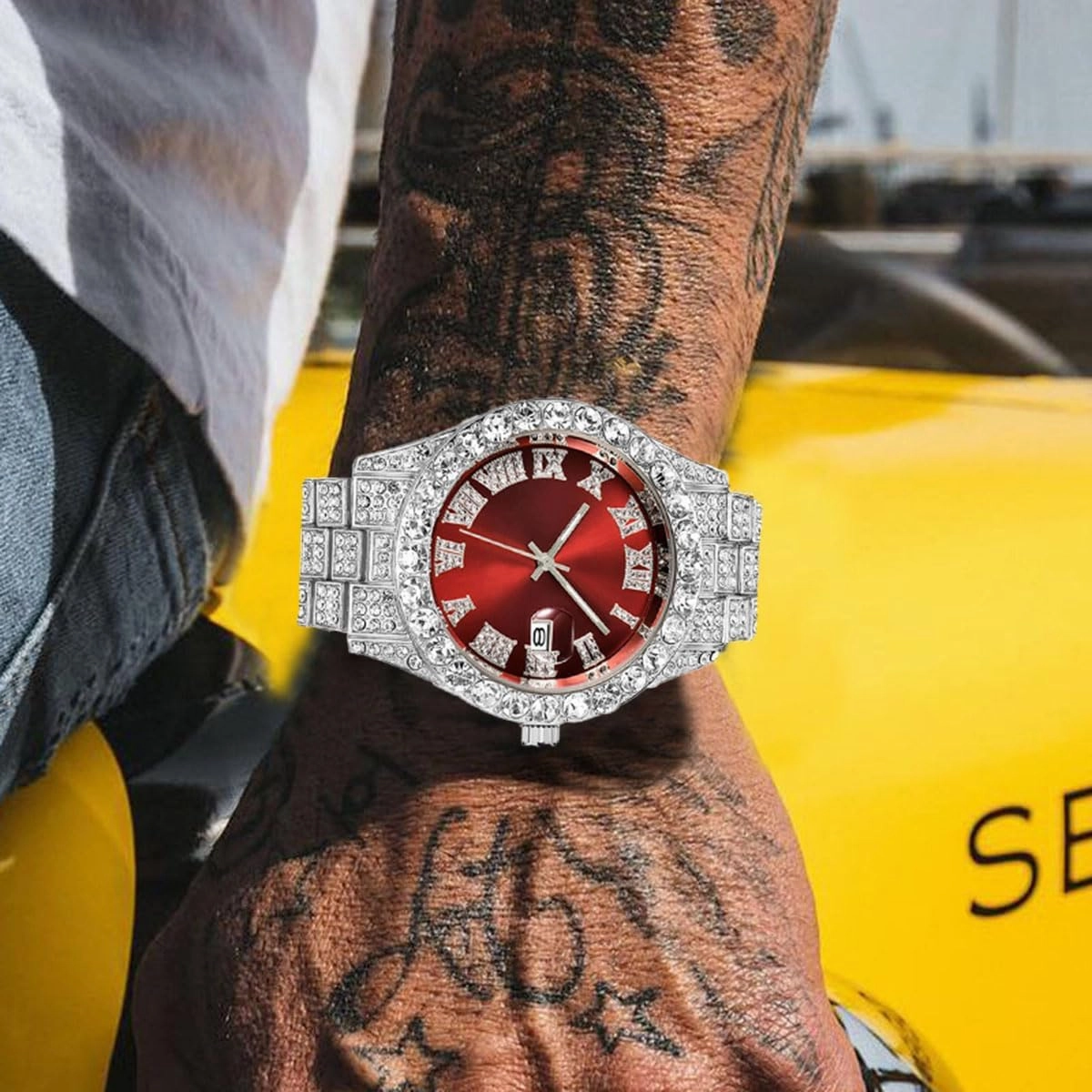 SENRUD Men's Diamond Watch Fashion Crystal Rhinestone Quartz Analog Watch Iced-Out Bracelet Wrist Watch