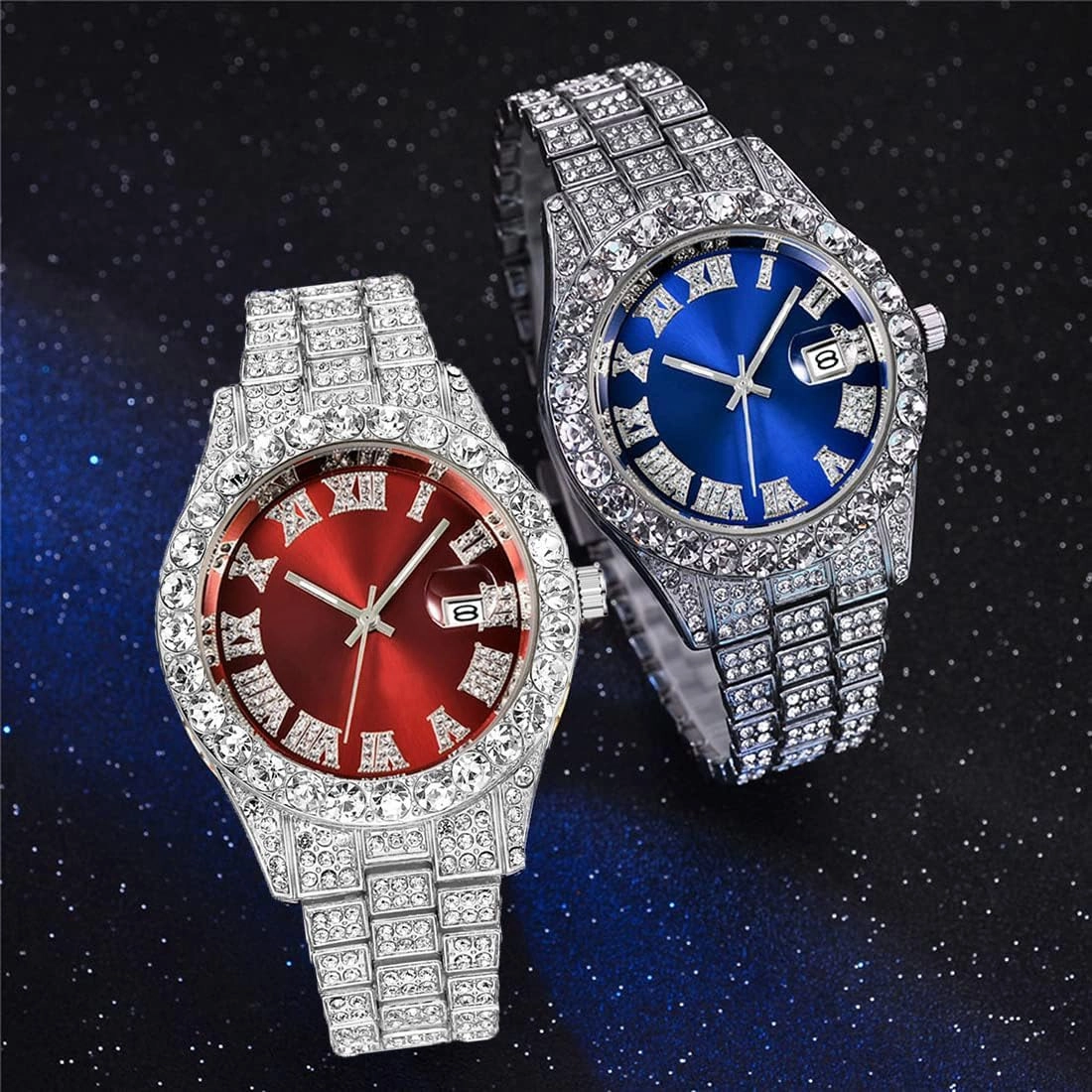 SENRUD Men's Diamond Watch Fashion Crystal Rhinestone Quartz Analog Watch Iced-Out Bracelet Wrist Watch