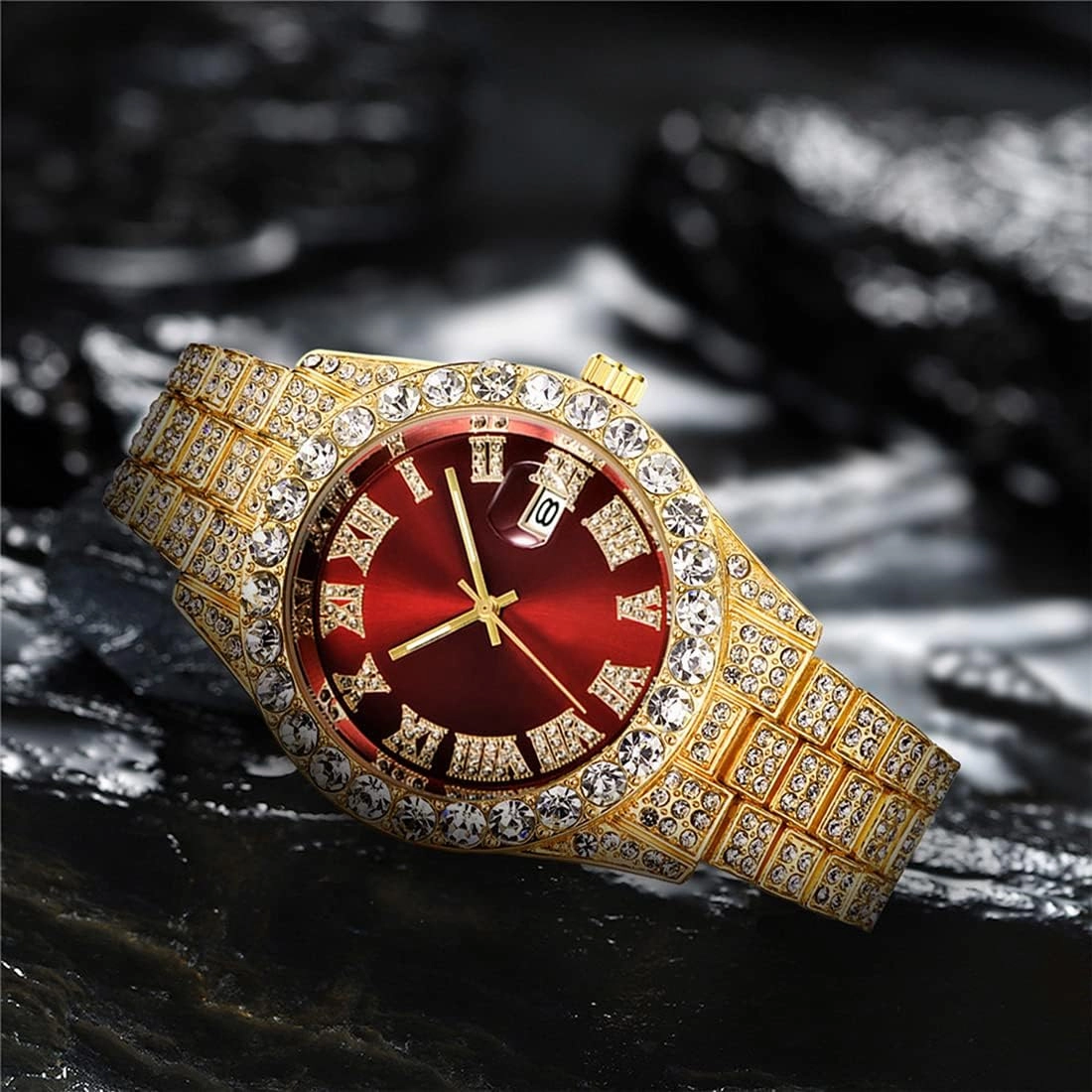 SENRUD Men's Diamond Watch Fashion Crystal Rhinestone Quartz Analog Watch Iced-Out Bracelet Wrist Watch