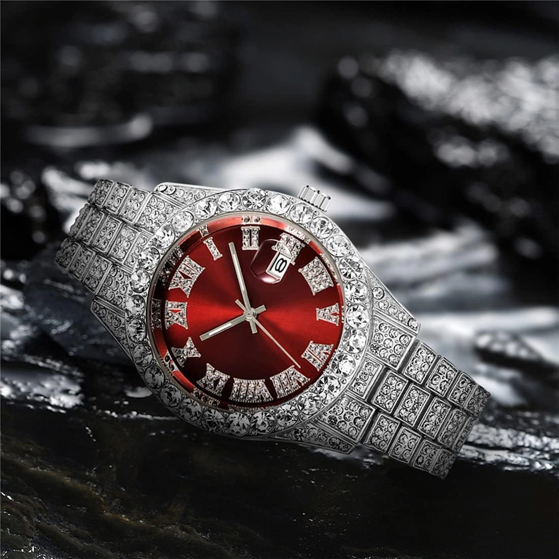 SENRUD Men's Diamond Watch Fashion Crystal Rhinestone Quartz Analog Watch Iced-Out Bracelet Wrist Watch