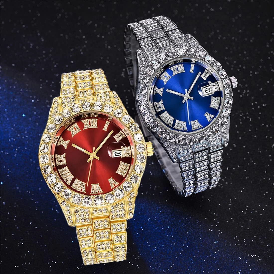 SENRUD Men's Diamond Watch Fashion Crystal Rhinestone Quartz Analog Watch Iced-Out Bracelet Wrist Watch