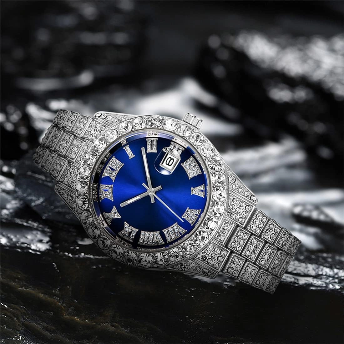 SENRUD Men's Diamond Watch Fashion Crystal Rhinestone Quartz Analog Watch Iced-Out Bracelet Wrist Watch