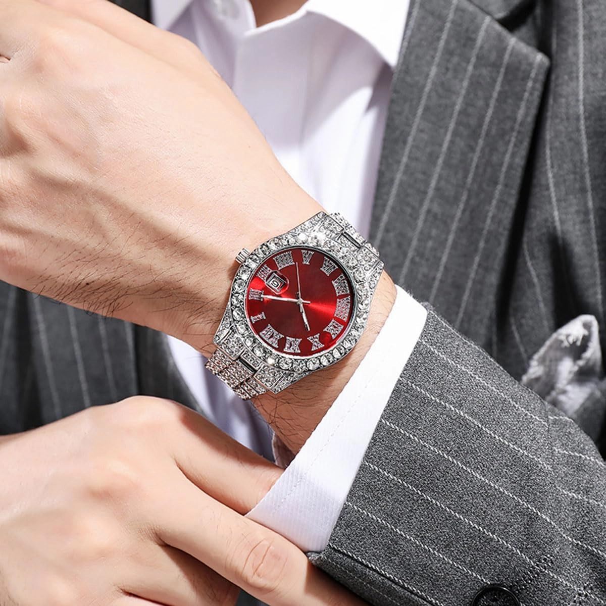 SENRUD Men's Diamond Watch Fashion Crystal Rhinestone Quartz Analog Watch Iced-Out Bracelet Wrist Watch