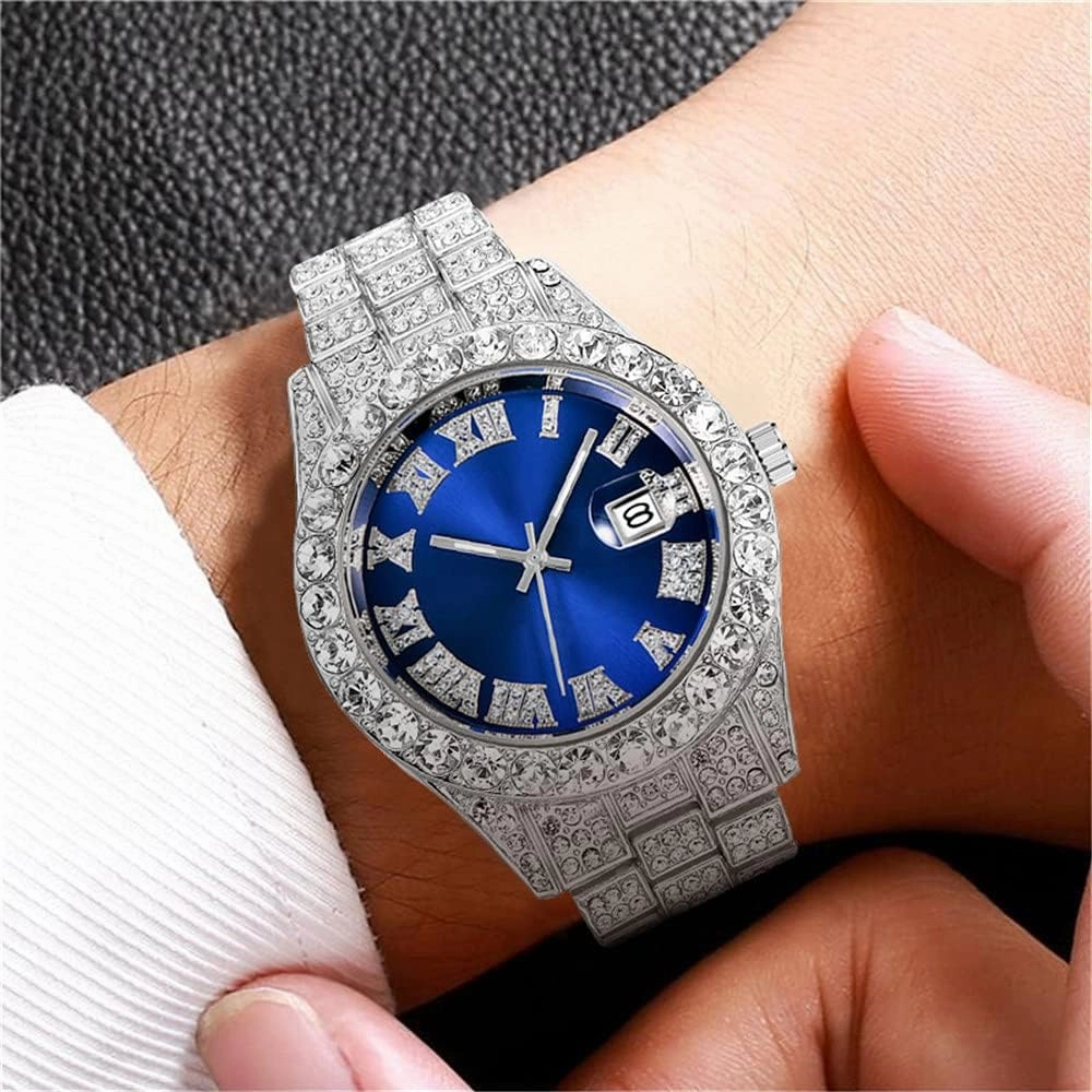 SENRUD Men's Diamond Watch Fashion Crystal Rhinestone Quartz Analog Watch Iced-Out Bracelet Wrist Watch