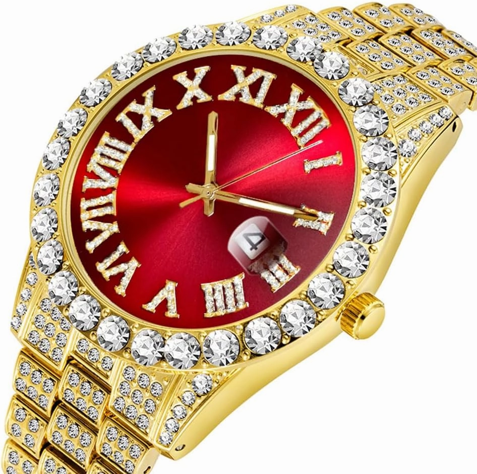 SENRUD Men's Diamond Watch Fashion Crystal Rhinestone Quartz Analog Watch Iced-Out Bracelet Wrist Watch
