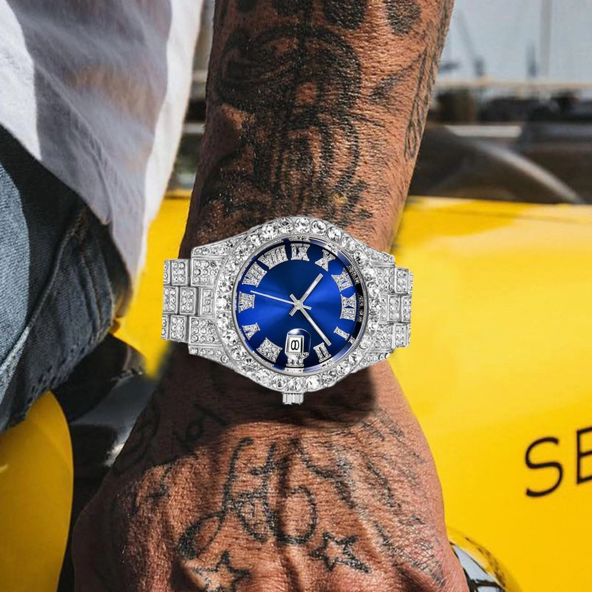 SENRUD Men's Diamond Watch Fashion Crystal Rhinestone Quartz Analog Watch Iced-Out Bracelet Wrist Watch