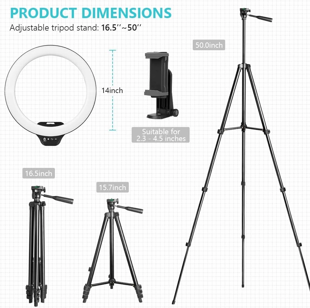 Sensyne 14'' Ring Light with 50'' Extendable Tripod Stand, LED Circle Lights with Phone Holder for Live Stream/Makeup/YouTube Video/TikTok, Compatible with All Smartphones
