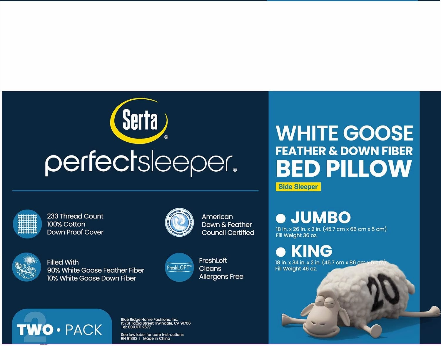 Serta 233 Thread White Goose Feather Gusseted Supportive 100% Cotton Hotel Collection Bed Side Sleeper Pillow, 2 Count (Pack of 1)