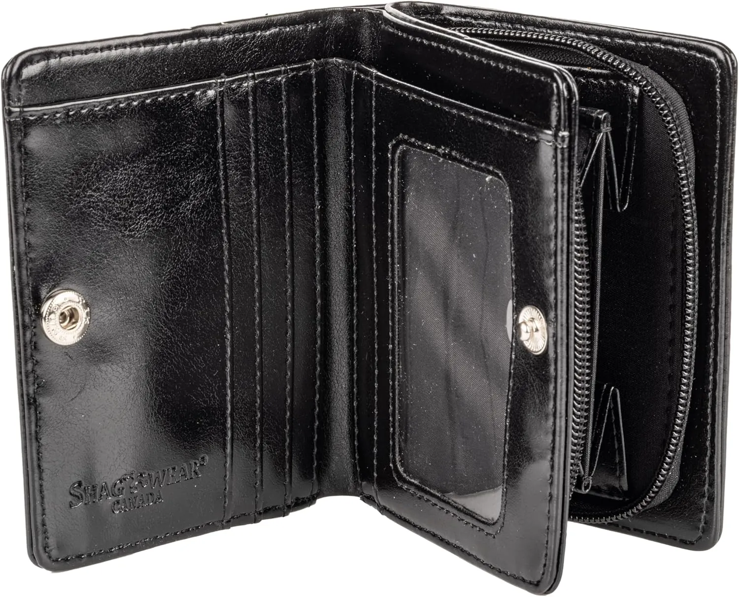 Shag Wear Women's PU Vegan Leather Colorful Slim Trendy Small Bifold Wallet with 4 Credit Card Slots, 1 Zippered Coin Pocket, and Clear ID Window (Abstract, Black)