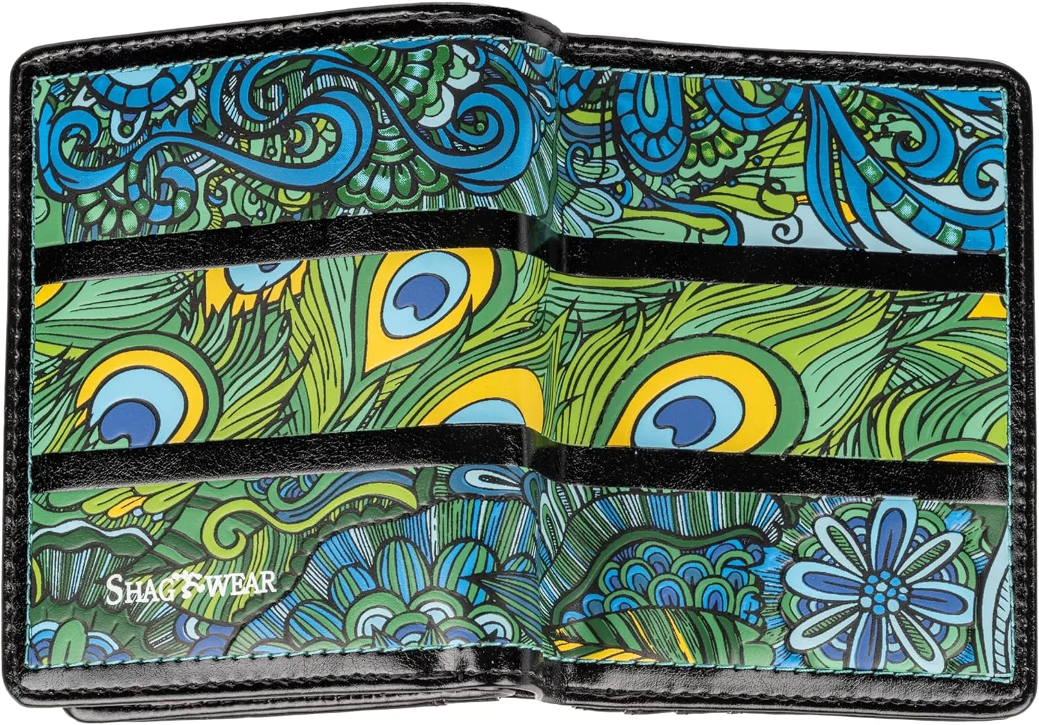 Shag Wear Women's PU Vegan Leather Colorful Slim Trendy Small Bifold Wallet with 4 Credit Card Slots, 1 Zippered Coin Pocket, and Clear ID Window (Abstract, Black)