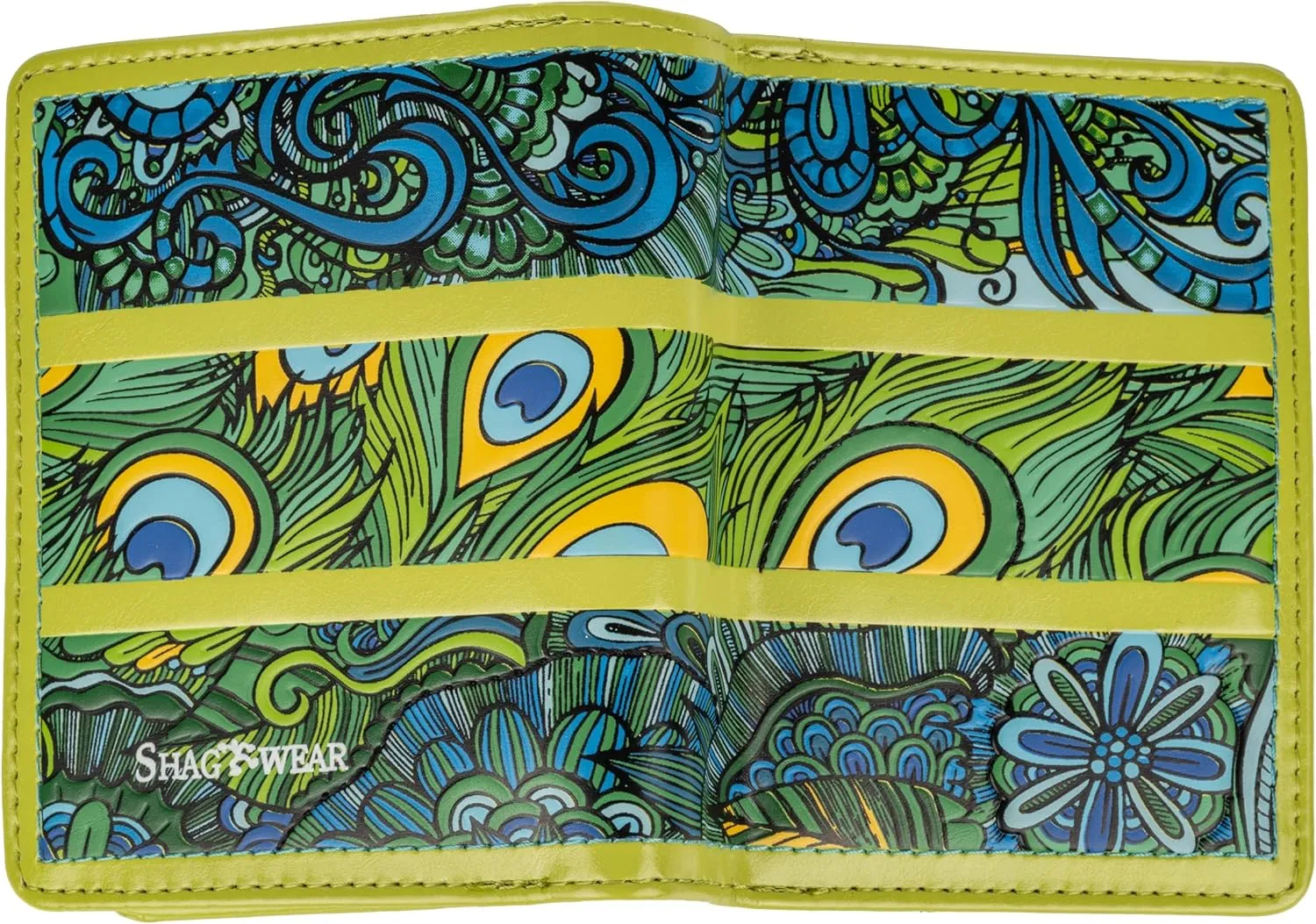 Shag Wear Women's PU Vegan Leather Colorful Slim Trendy Small Bifold Wallet with 4 Credit Card Slots, 1 Zippered Coin Pocket, and Clear ID Window (Abstract, Green)