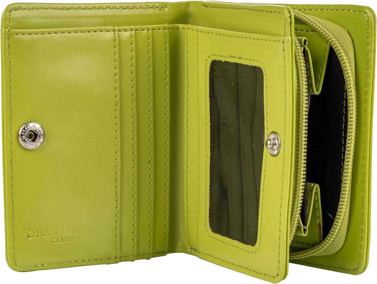 Shag Wear Women's PU Vegan Leather Colorful Slim Trendy Small Bifold Wallet with 4 Credit Card Slots, 1 Zippered Coin Pocket, and Clear ID Window (Abstract, Green)
