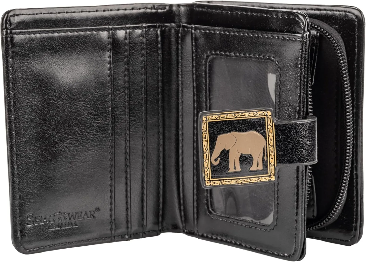 Shag Wear Women's PU Vegan Leather Colorful Slim Trendy Small Bifold Wallet with 4 Credit Card Slots, 1 Zippered Coin Pocket, and Clear ID Window (African Pattern, Black)