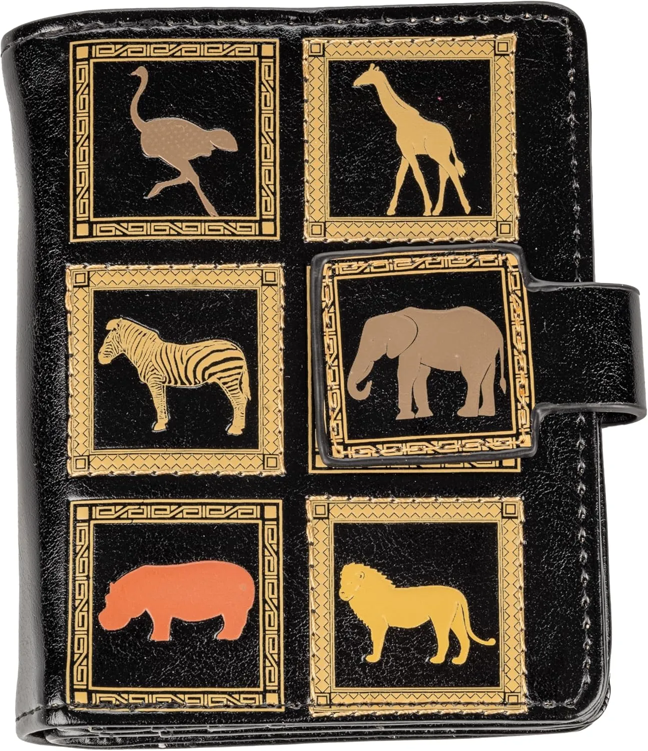 Shag Wear Women's PU Vegan Leather Colorful Slim Trendy Small Bifold Wallet with 4 Credit Card Slots, 1 Zippered Coin Pocket, and Clear ID Window (African Pattern, Black)