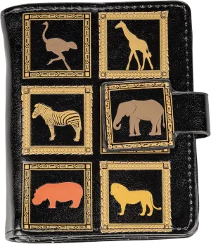 Shag Wear Women's PU Vegan Leather Colorful Slim Trendy Small Bifold Wallet with 4 Credit Card Slots, 1 Zippered Coin Pocket, and Clear ID Window (African Pattern, Black)