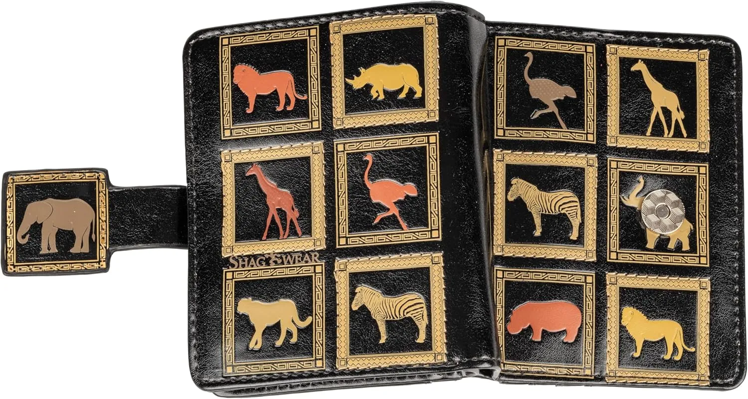 Shag Wear Women's PU Vegan Leather Colorful Slim Trendy Small Bifold Wallet with 4 Credit Card Slots, 1 Zippered Coin Pocket, and Clear ID Window (African Pattern, Black)
