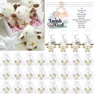 Shappy 24 Pcs Mini Plush Lambs Jesus Plush Toys Lamb of God Sheep Stuffed Animal Keychain Religious Easter Party Favors Basket Stuffers Christian Gifts for Easter Baptism First Communion Christening