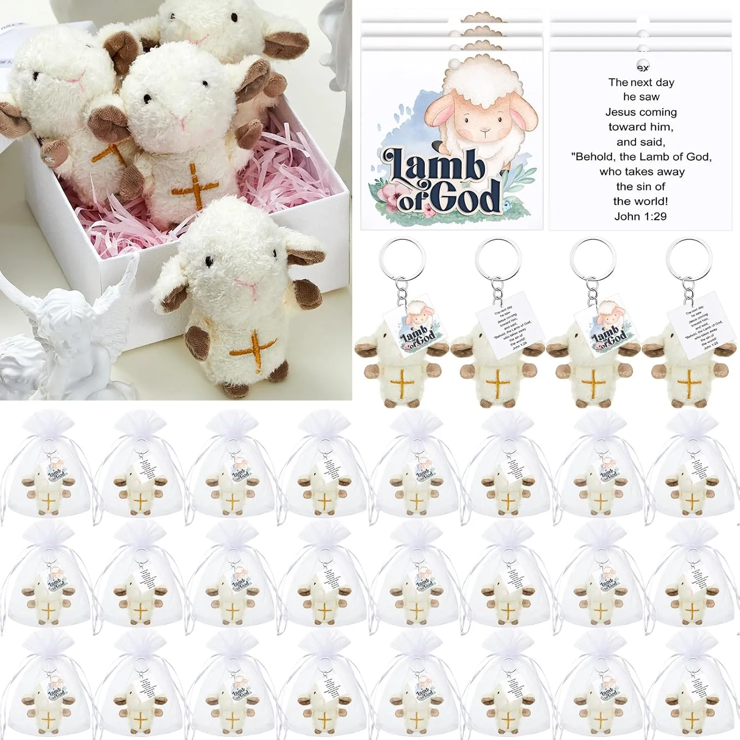 Shappy 24 Pcs Mini Plush Lambs Jesus Plush Toys Lamb of God Sheep Stuffed Animal Keychain Religious Easter Party Favors Basket Stuffers Christian Gifts for Easter Baptism First Communion Christening