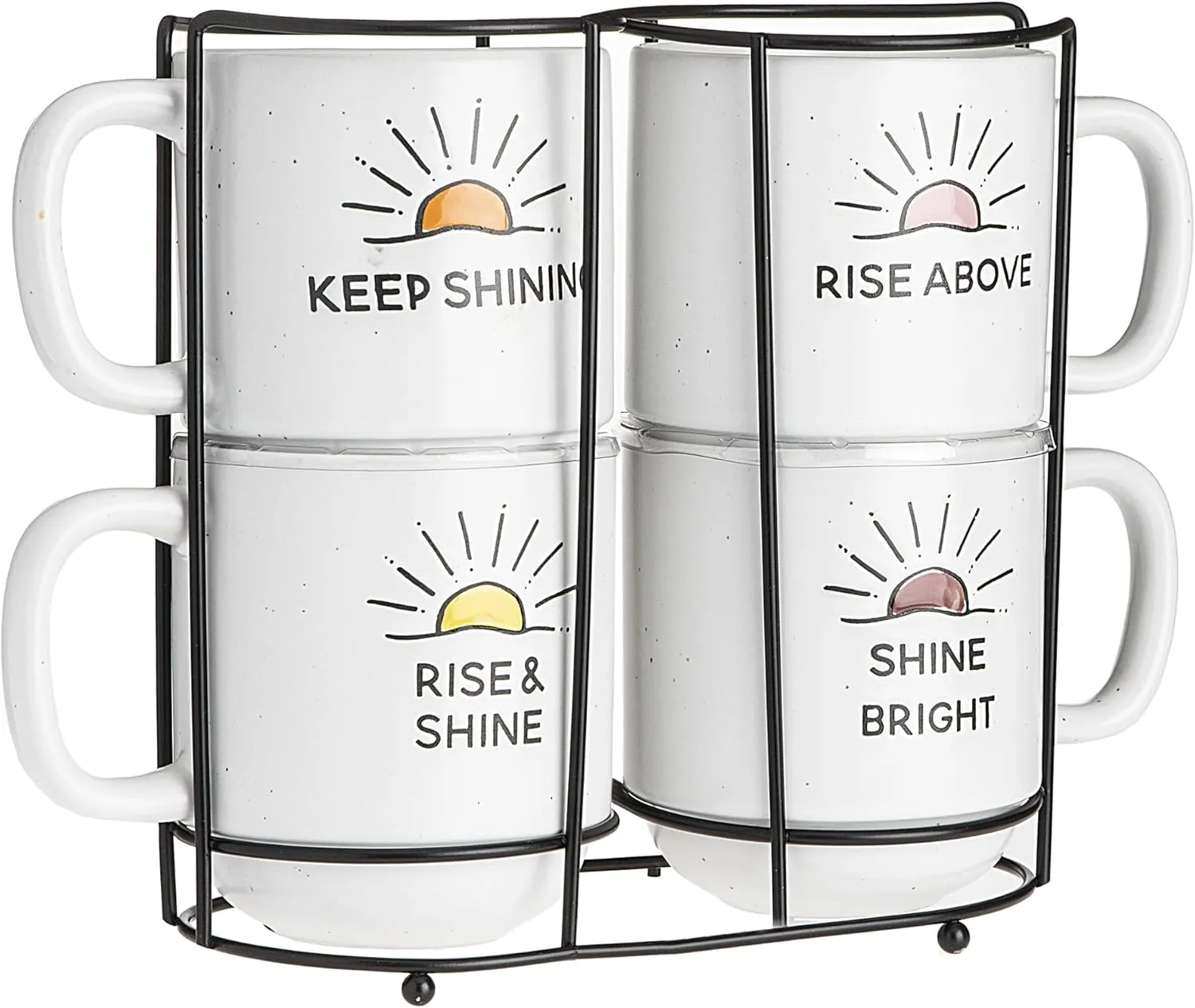 Sheffield Home Set of 4 Stackable Stoneware Mugs with a Metal Rack for Storage, Four 14 oz Sunshine Coffee Mugs, Large Cups for Tea, Mugs for Latte, and Hot Chocolate