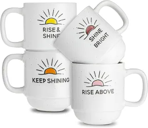 Sheffield Home Set of 4 Stackable Stoneware Mugs with a Metal Rack for Storage, Four 14 oz Sunshine Coffee Mugs, Large Cups for Tea, Mugs for Latte, and Hot Chocolate