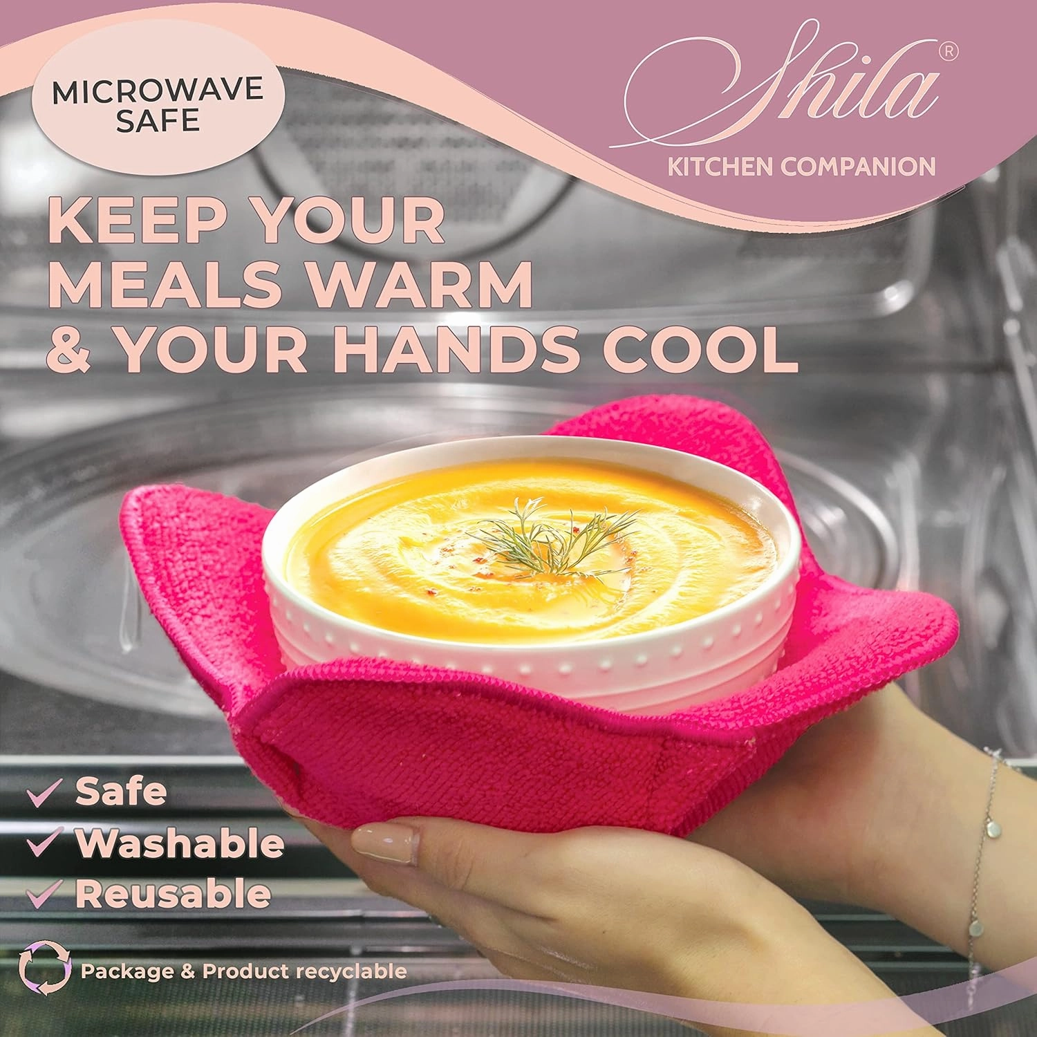 SHILA Bowl Snuggies - Colorful Set of Microwave Safe Bowl Holders to Keep Hands Cool and Meal Warm - Polyester & Sponge Heat Resistant Cozies for Soup, Rice and Pasta