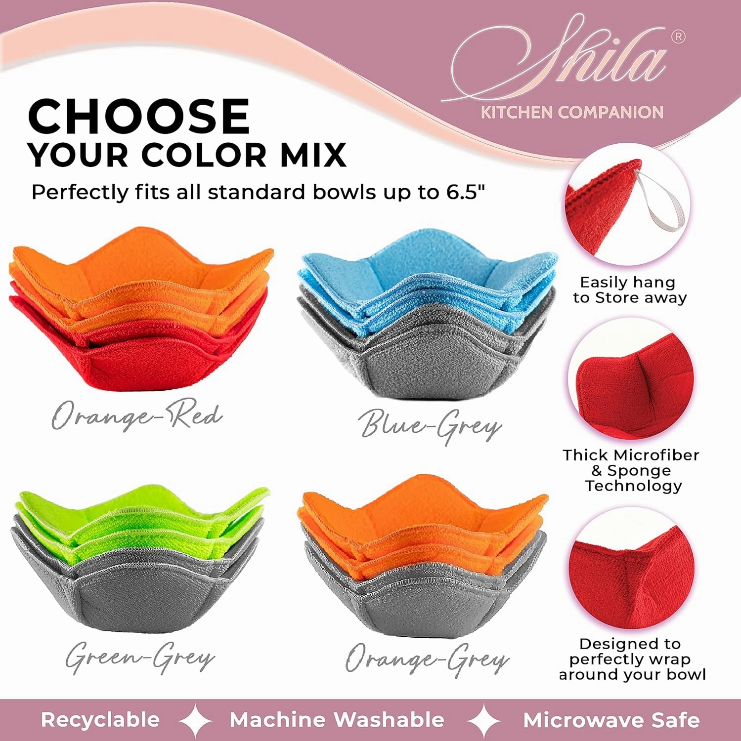 SHILA Bowl Snuggies - Colorful Set of Microwave Safe Bowl Holders to Keep Hands Cool and Meal Warm - Polyester & Sponge Heat Resistant Cozies for Soup, Rice and Pasta