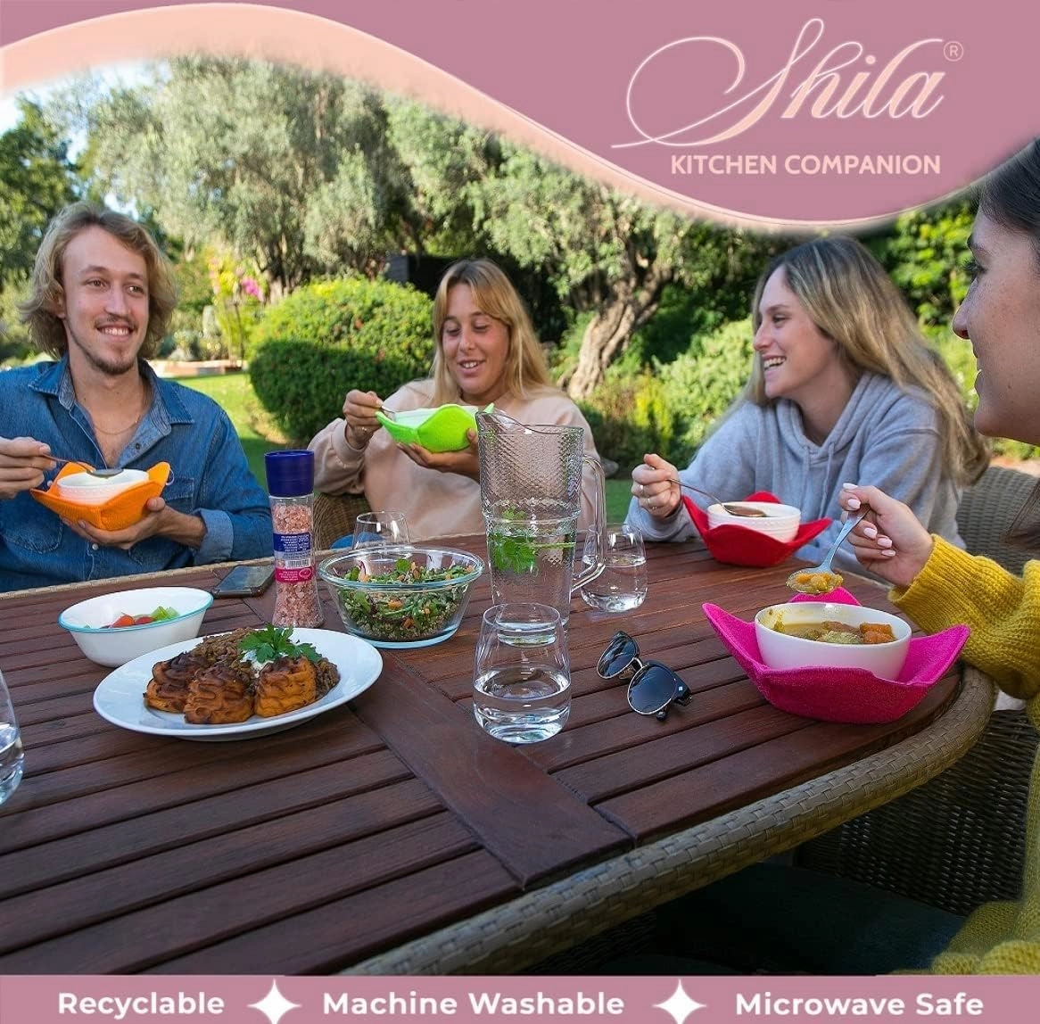 SHILA Bowl Snuggies - Colorful Set of Microwave Safe Bowl Holders to Keep Hands Cool and Meal Warm - Polyester & Sponge Heat Resistant Cozies for Soup, Rice and Pasta