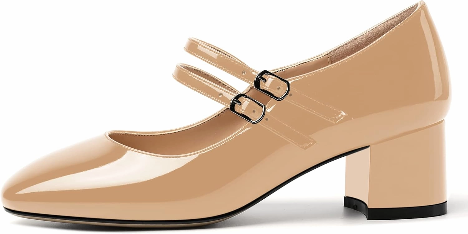 SHOWFOREST Women's Dating Buckle Cute Square Toe Solid Patent Block Low Heel Pumps Shoes 2 Inch