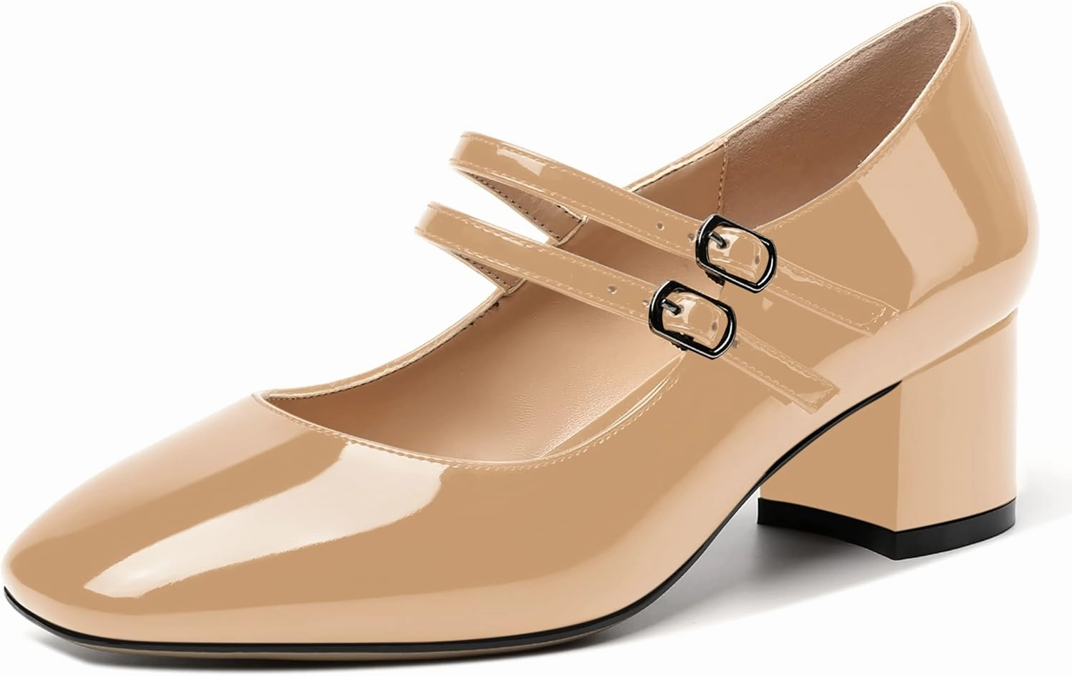 SHOWFOREST Women's Dating Buckle Cute Square Toe Solid Patent Block Low Heel Pumps Shoes 2 Inch