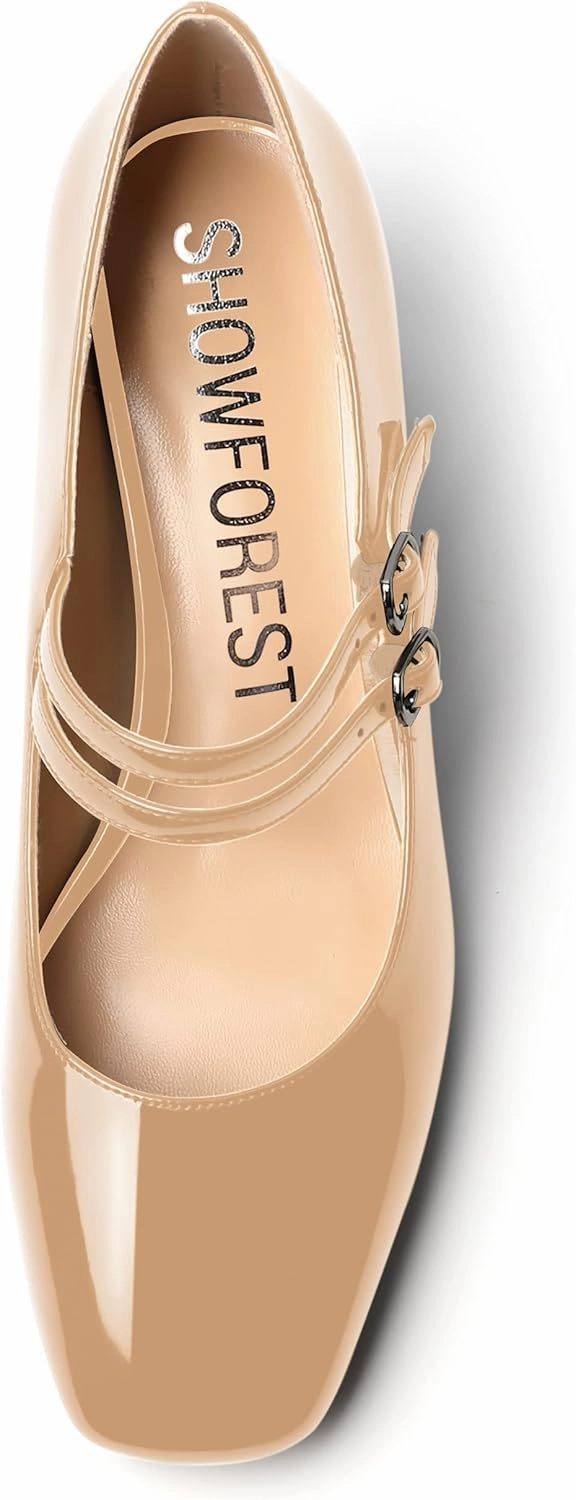 SHOWFOREST Women's Dating Buckle Cute Square Toe Solid Patent Block Low Heel Pumps Shoes 2 Inch