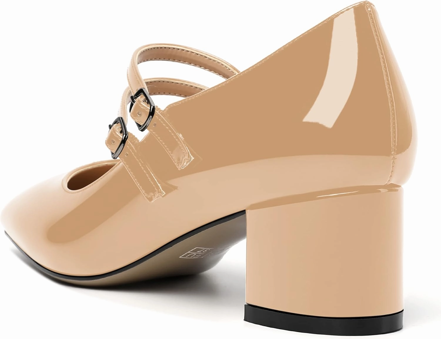 SHOWFOREST Women's Dating Buckle Cute Square Toe Solid Patent Block Low Heel Pumps Shoes 2 Inch