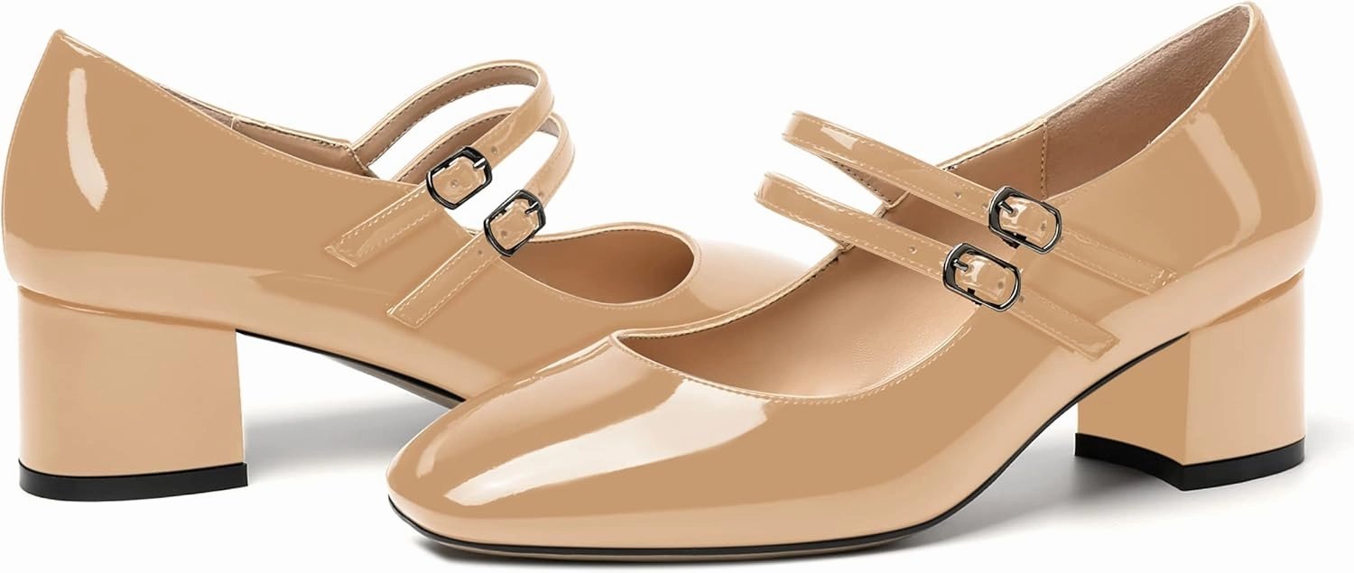 SHOWFOREST Women's Dating Buckle Cute Square Toe Solid Patent Block Low Heel Pumps Shoes 2 Inch
