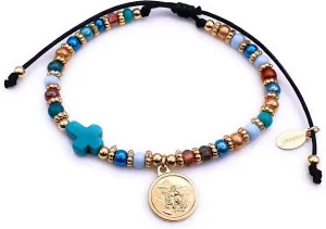 SIFRIMANIA Saint Michael Bead Adjustable Bracelet for Women, Protection Cross Religious Medal