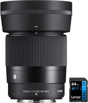 Sigma 302975 30mm f/1.4 DC DN Contemporary Lens for FUJIFILM X Bundle with Lexar Professional 633x 64GB UHS-1 Class 10 SDXC Memory Card