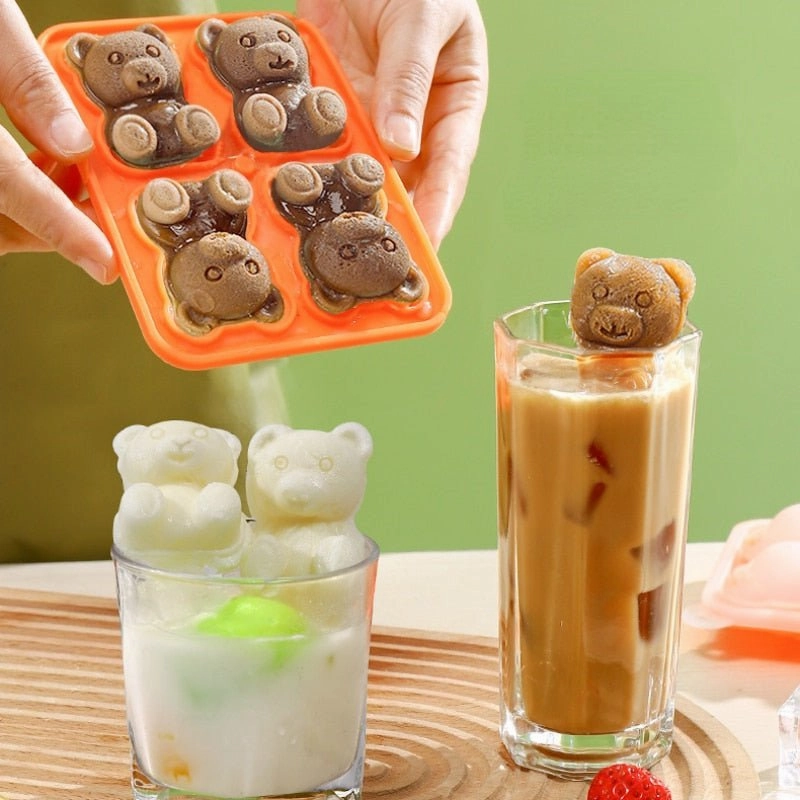 Silicone Teddy Bear 4-Grid Ice Cube Mold, Easy-Freezing